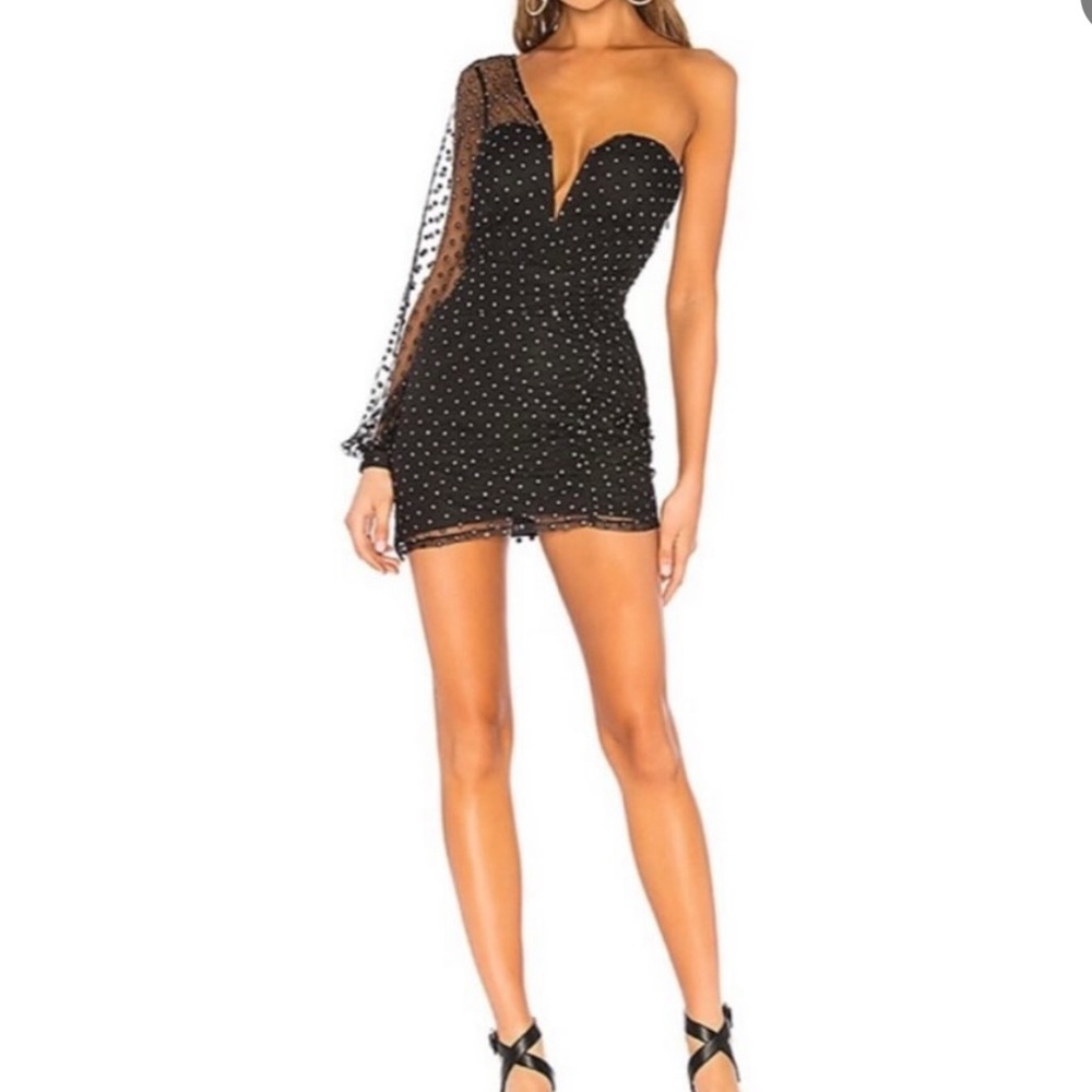 h:ours Black One-Shoulder Dress with White Polka Dots